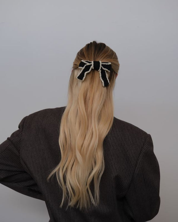 Beaded Bow Hair Clip - Black